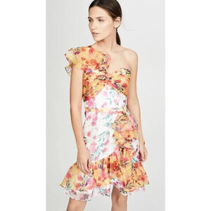 Marchesa Notte Colorblock Floral One-Shoulder Twisted Ruffle Dress Ivory Size 16